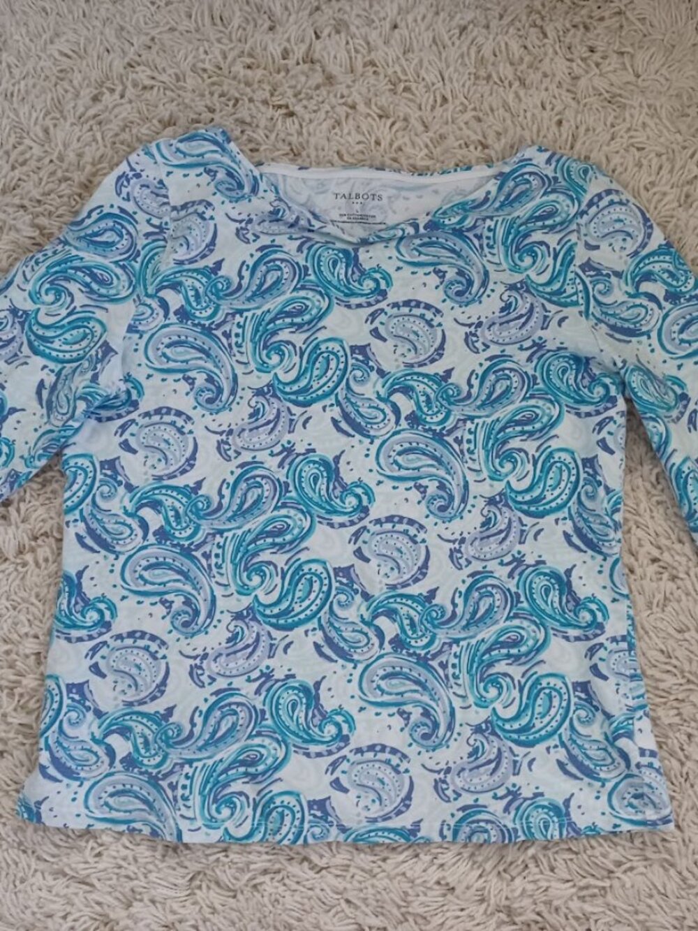 Talbots Womens L Blue Turquoise Paisley 3/4 Sleeve Cotton Stretch Knit Top